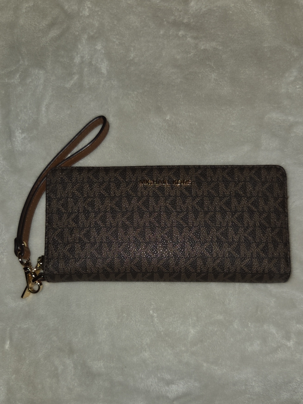 Michael Kors Brown Logo Zip Wristlet with Gold Hardware